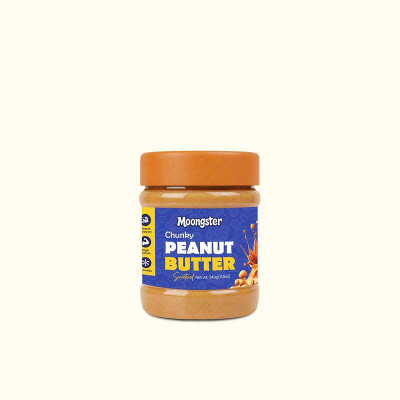 Jar of Moongster Chunky Peanut Butter on a white background